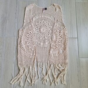 Love By Design Boho Crochet Open Front Cream Open Cardigam With Fringe - Size XL